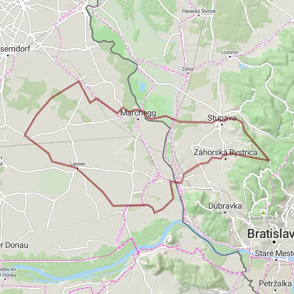 Map miniature of "Marchegg Adventure" cycling inspiration in Niederösterreich, Austria. Generated by Tarmacs.app cycling route planner