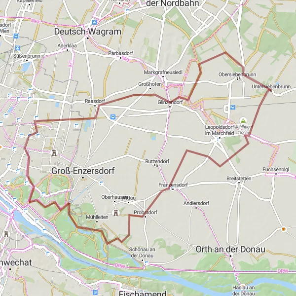 Map miniature of "Untersiebenbrunn Gravel Adventure" cycling inspiration in Niederösterreich, Austria. Generated by Tarmacs.app cycling route planner