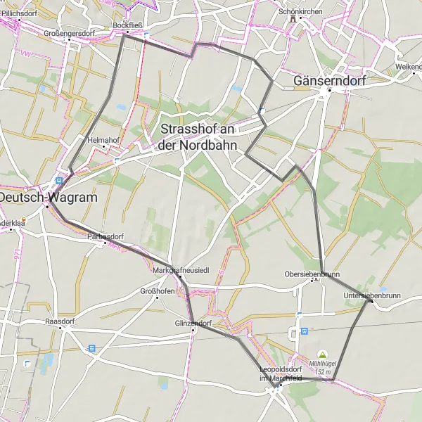 Miniatua del mapa de inspiración ciclista "Ruta de ciclismo de carretera Untersiebenbrunn-Obersiebenbrunn" en Niederösterreich, Austria. Generado por Tarmacs.app planificador de rutas ciclistas