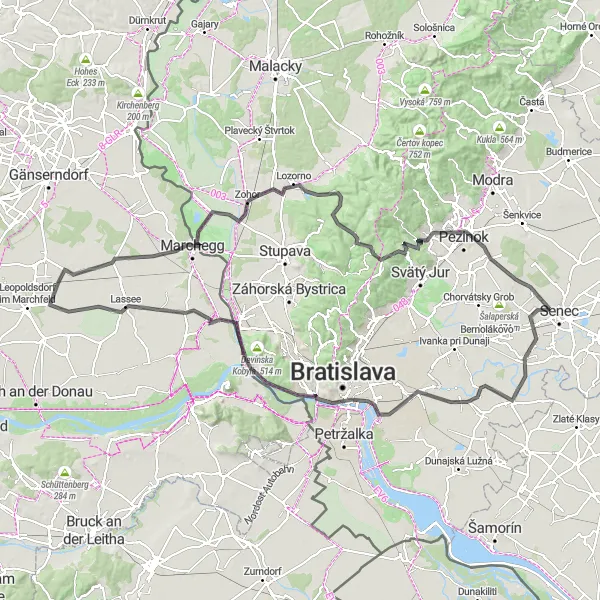 Miniatua del mapa de inspiración ciclista "Ruta de ciclismo de carretera Untersiebenbrunn-Bratislava" en Niederösterreich, Austria. Generado por Tarmacs.app planificador de rutas ciclistas