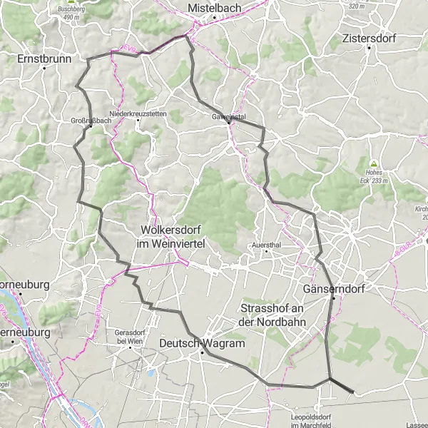 Miniatua del mapa de inspiración ciclista "Ruta de ciclismo de carretera Untersiebenbrunn-Gänserndorf" en Niederösterreich, Austria. Generado por Tarmacs.app planificador de rutas ciclistas