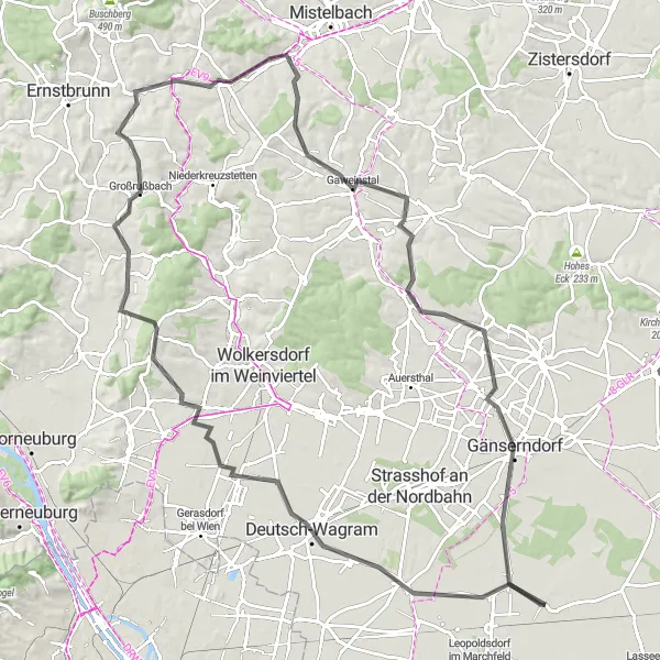 Miniatuurkaart van de fietsinspiratie "Burgenland und Weinviertel Radtour" in Niederösterreich, Austria. Gemaakt door de Tarmacs.app fietsrouteplanner