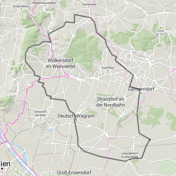 Miniatua del mapa de inspiración ciclista "Ruta de ciclismo de carretera Untersiebenbrunn-Obersiebenbrunn" en Niederösterreich, Austria. Generado por Tarmacs.app planificador de rutas ciclistas