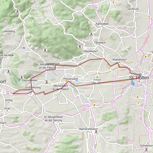 Miniatura della mappa di ispirazione al ciclismo "Esplorazione collinare in Gravel vicino a Unterwagram" nella regione di Niederösterreich, Austria. Generata da Tarmacs.app, pianificatore di rotte ciclistiche