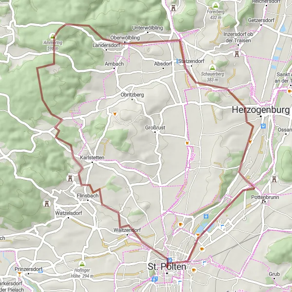 Miniatuurkaart van de fietsinspiratie "Avontuurlijke gravelroute naar Karlstetten en Kogel" in Niederösterreich, Austria. Gemaakt door de Tarmacs.app fietsrouteplanner