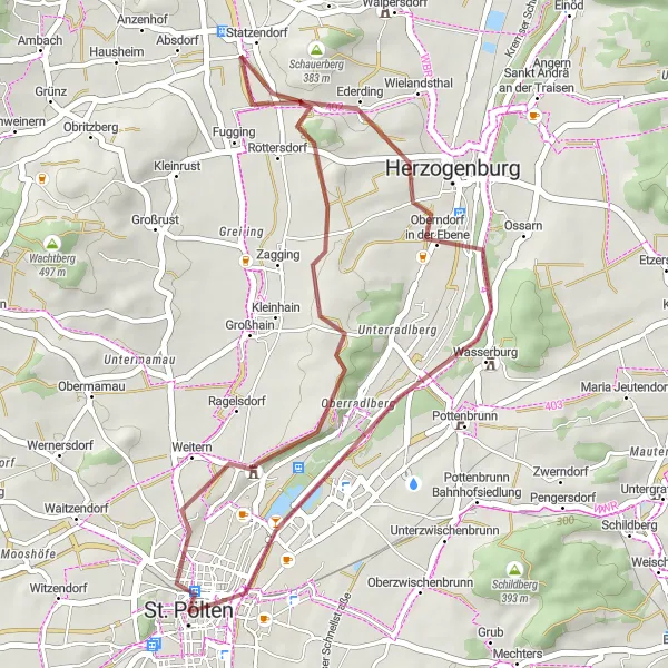 Miniatura della mappa di ispirazione al ciclismo "Tour Gravel tra Colline e Borghi" nella regione di Niederösterreich, Austria. Generata da Tarmacs.app, pianificatore di rotte ciclistiche