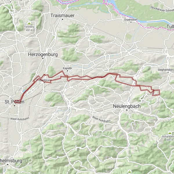 Miniatura della mappa di ispirazione al ciclismo "Giro in Gravel attraverso la campagna di Niederösterreich" nella regione di Niederösterreich, Austria. Generata da Tarmacs.app, pianificatore di rotte ciclistiche