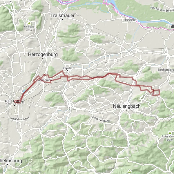 Miniaturekort af cykelinspirationen "Det naturskønne Würmla Eventyr" i Niederösterreich, Austria. Genereret af Tarmacs.app cykelruteplanlægger