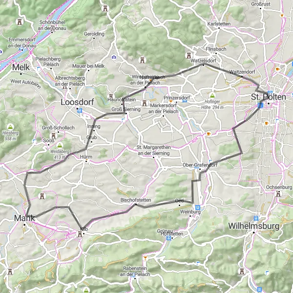 Miniatura della mappa di ispirazione al ciclismo "Giro in Bicicletta tra Villaggi e Campagna" nella regione di Niederösterreich, Austria. Generata da Tarmacs.app, pianificatore di rotte ciclistiche