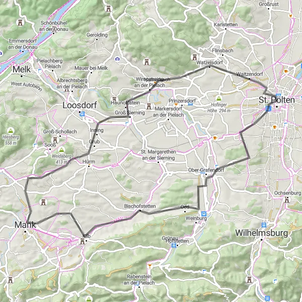 Miniaturekort af cykelinspirationen "Historiske Seværdigheder og Natur Cykelrute" i Niederösterreich, Austria. Genereret af Tarmacs.app cykelruteplanlægger