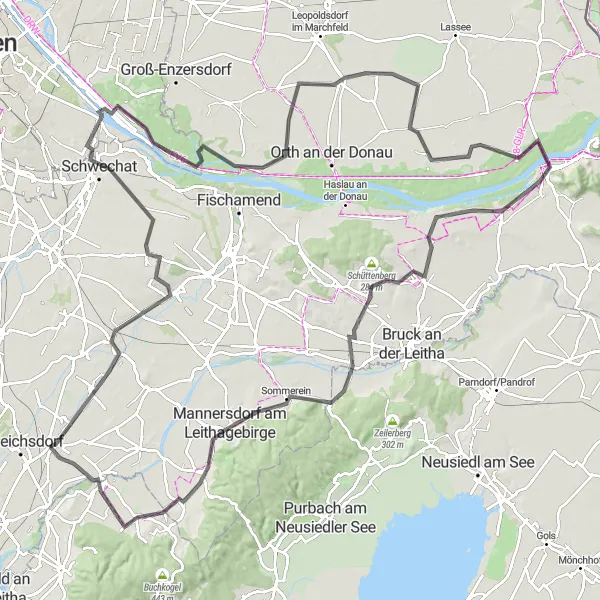 Karten-Miniaturansicht der Radinspiration "Panoramareiche Rundtour durch Ebergassing und Leberberg" in Niederösterreich, Austria. Erstellt vom Tarmacs.app-Routenplaner für Radtouren