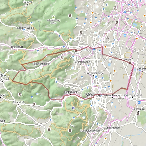 Zemljevid v pomanjšavi "Gravel kolesarska pot skozi Mödling, Husarentempel, Ruine Kammerstein" kolesarske inspiracije v Niederösterreich, Austria. Generirano z načrtovalcem kolesarskih poti Tarmacs.app