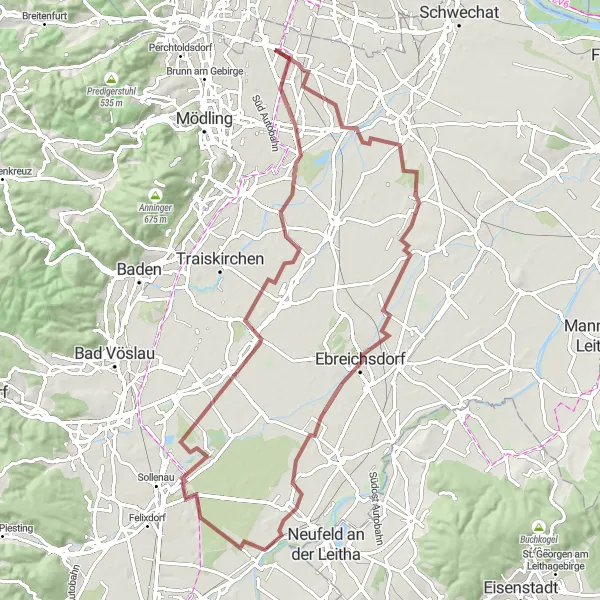 Miniaturní mapa "Gravel Bike Route: Vösendorf - Biedermannsdorf" inspirace pro cyklisty v oblasti Niederösterreich, Austria. Vytvořeno pomocí plánovače tras Tarmacs.app