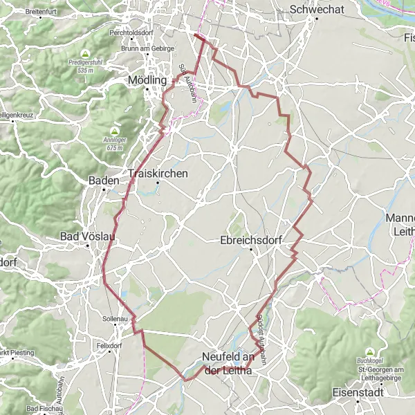 Miniaturní mapa "Gravel Tour to Kottingbrunn and Wiener Neudorf" inspirace pro cyklisty v oblasti Niederösterreich, Austria. Vytvořeno pomocí plánovače tras Tarmacs.app