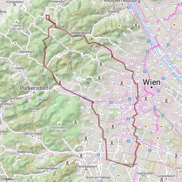 Mapa miniatúra "Scenic Gravel Loop around Vösendorf" cyklistická inšpirácia v Niederösterreich, Austria. Vygenerované cyklistickým plánovačom trás Tarmacs.app