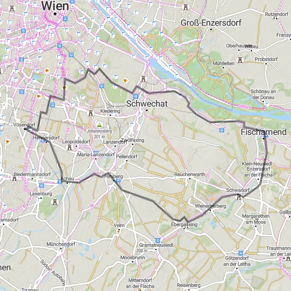 Zemljevid v pomanjšavi "Cestna kolesarska pot do Fischamend" kolesarske inspiracije v Niederösterreich, Austria. Generirano z načrtovalcem kolesarskih poti Tarmacs.app