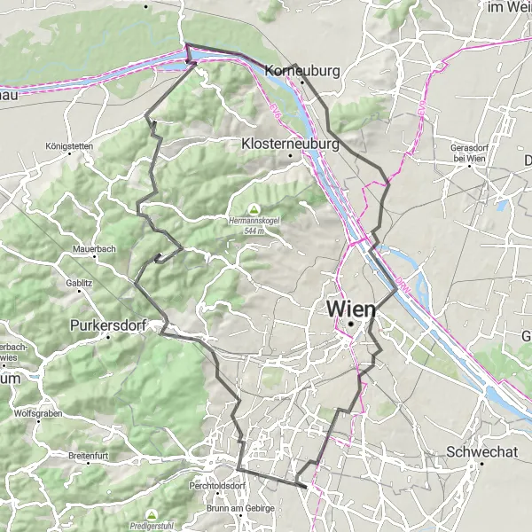 Mapa miniatúra "Okružná cyklistická trasa cez Vösendorf" cyklistická inšpirácia v Niederösterreich, Austria. Vygenerované cyklistickým plánovačom trás Tarmacs.app