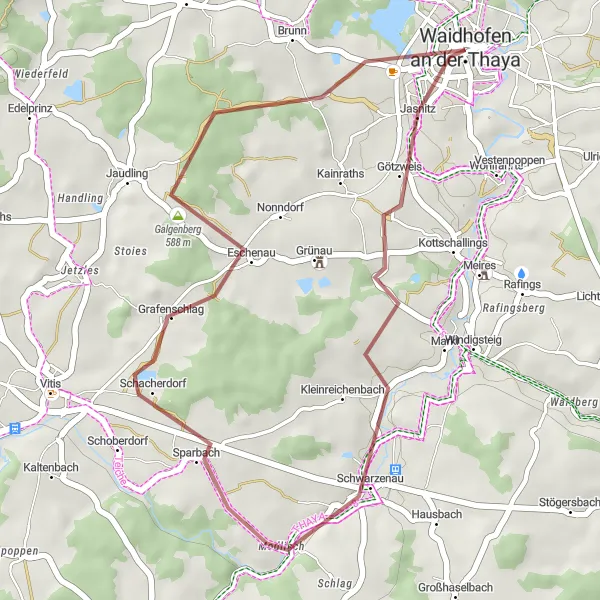 Miniatura della mappa di ispirazione al ciclismo "Giro tra Schloss Schwarzenau e Waidhofen an der Thaya" nella regione di Niederösterreich, Austria. Generata da Tarmacs.app, pianificatore di rotte ciclistiche