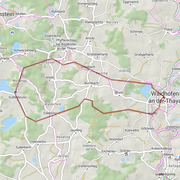 Mapa miniatúra "Gravelová túra Galgenberg a Schloss Waidhofen an der Thaya" cyklistická inšpirácia v Niederösterreich, Austria. Vygenerované cyklistickým plánovačom trás Tarmacs.app