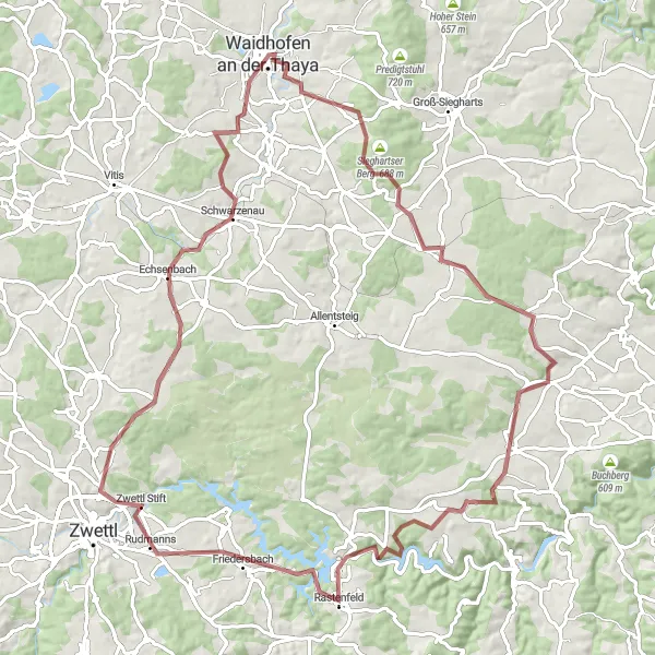 Miniatura della mappa di ispirazione al ciclismo "Grande avventura tra Zwettl e Echsenbach" nella regione di Niederösterreich, Austria. Generata da Tarmacs.app, pianificatore di rotte ciclistiche