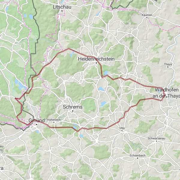 Map miniature of "Thaya Valley Expedition" cycling inspiration in Niederösterreich, Austria. Generated by Tarmacs.app cycling route planner