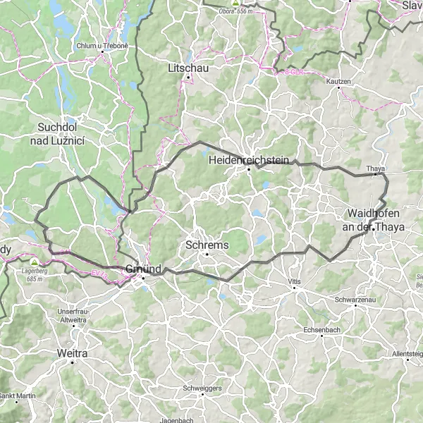 Miniaturekort af cykelinspirationen "Rute til Heidenreichstein langs vejen" i Niederösterreich, Austria. Genereret af Tarmacs.app cykelruteplanlægger