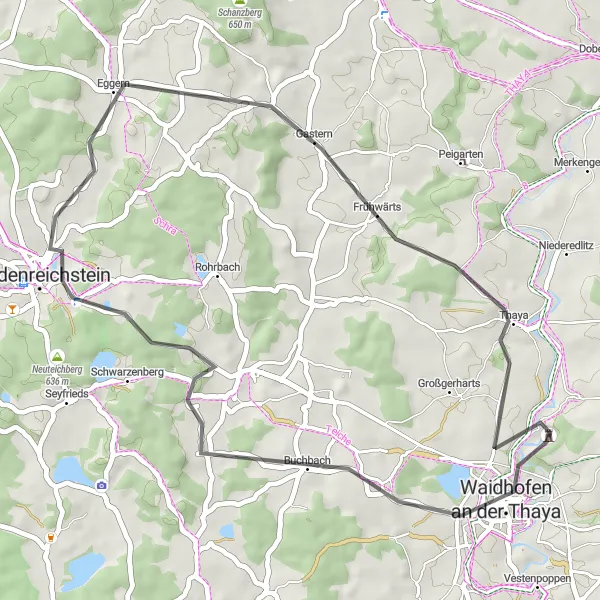 Miniatura della mappa di ispirazione al ciclismo "Itinerario cicloturistico a Gastern" nella regione di Niederösterreich, Austria. Generata da Tarmacs.app, pianificatore di rotte ciclistiche