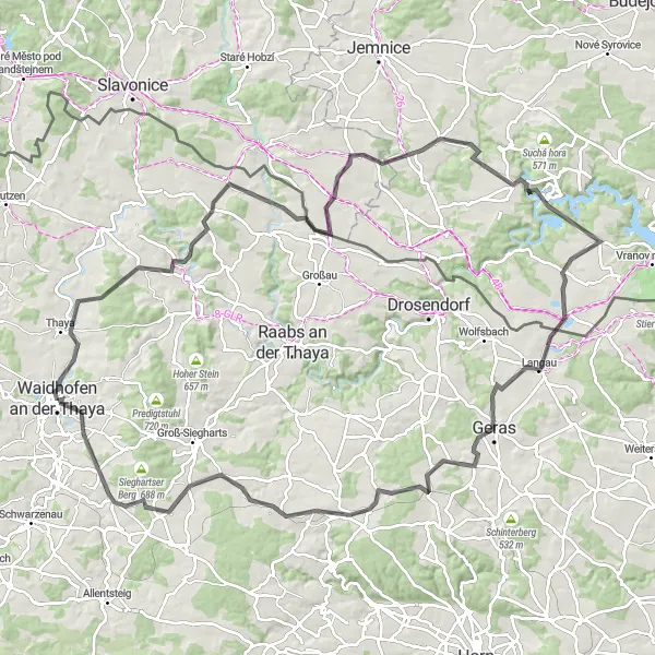 Map miniature of "Thaya Gravel Adventure" cycling inspiration in Niederösterreich, Austria. Generated by Tarmacs.app cycling route planner