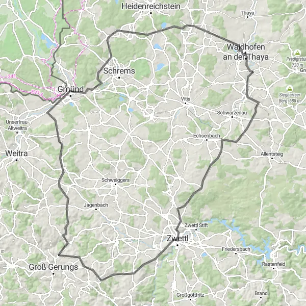 Map miniature of "Thaya Valley Road Tour" cycling inspiration in Niederösterreich, Austria. Generated by Tarmacs.app cycling route planner