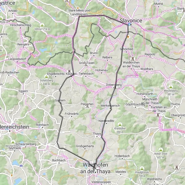 Map miniature of "Czech Border Loop" cycling inspiration in Niederösterreich, Austria. Generated by Tarmacs.app cycling route planner