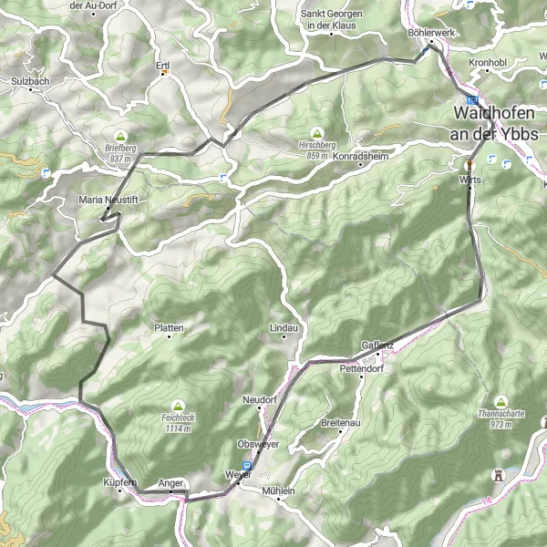 Karttaminiaatyyri "Waidhofen an der Ybbs - Lüsstkogel pyöräilyreitti" pyöräilyinspiraatiosta alueella Niederösterreich, Austria. Luotu Tarmacs.app pyöräilyreittisuunnittelijalla