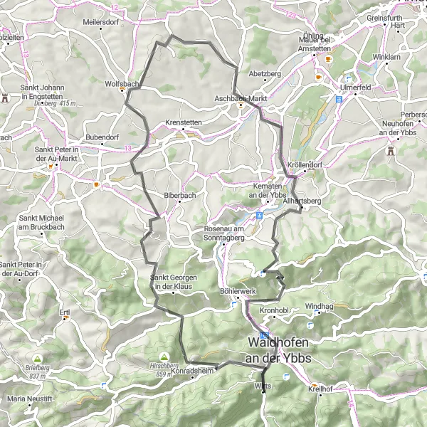 Map miniature of "Beautiful Ybbs Valley" cycling inspiration in Niederösterreich, Austria. Generated by Tarmacs.app cycling route planner