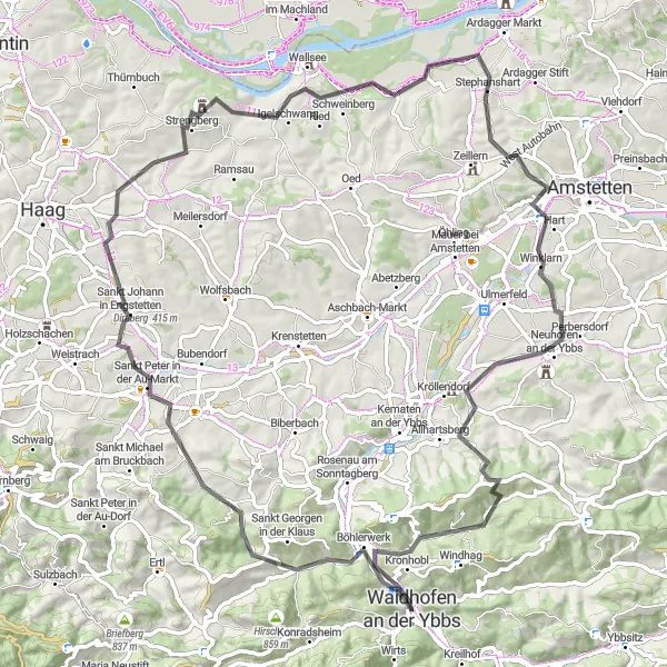 Zemljevid v pomanjšavi "Razgibana kolesarska tura ob reki Ybbs" kolesarske inspiracije v Niederösterreich, Austria. Generirano z načrtovalcem kolesarskih poti Tarmacs.app