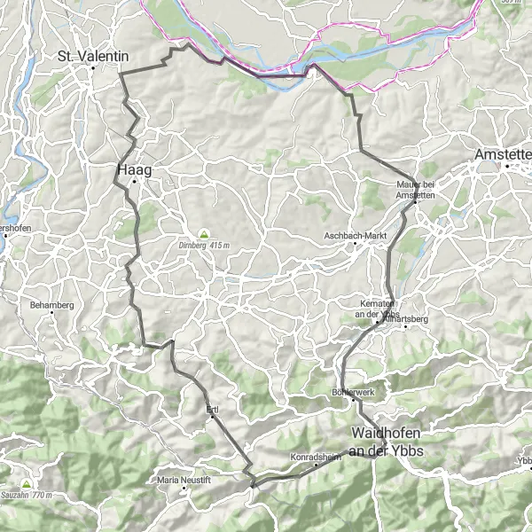 Zemljevid v pomanjšavi "Zanimiva kolesarska pot skozi naravo ob Ybbs" kolesarske inspiracije v Niederösterreich, Austria. Generirano z načrtovalcem kolesarskih poti Tarmacs.app