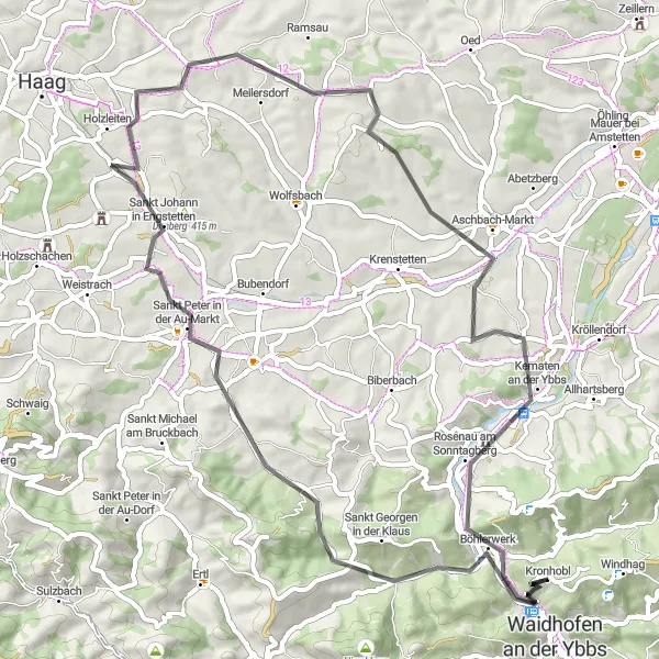 Kartminiatyr av "Dirnberg Loop" cykelinspiration i Niederösterreich, Austria. Genererad av Tarmacs.app cykelruttplanerare