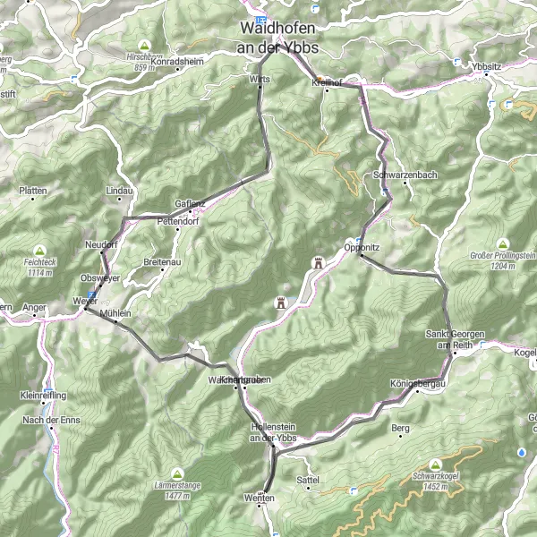 Map miniature of "The Ybbs Valley Loop" cycling inspiration in Niederösterreich, Austria. Generated by Tarmacs.app cycling route planner