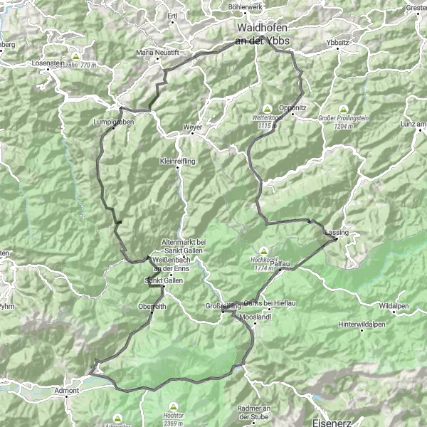 Zemljevid v pomanjšavi "Zanimiva cestna kolesarska pot ob reki Ybbs" kolesarske inspiracije v Niederösterreich, Austria. Generirano z načrtovalcem kolesarskih poti Tarmacs.app