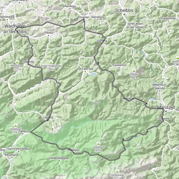 Miniaturní mapa "Výzva v Alpách" inspirace pro cyklisty v oblasti Niederösterreich, Austria. Vytvořeno pomocí plánovače tras Tarmacs.app