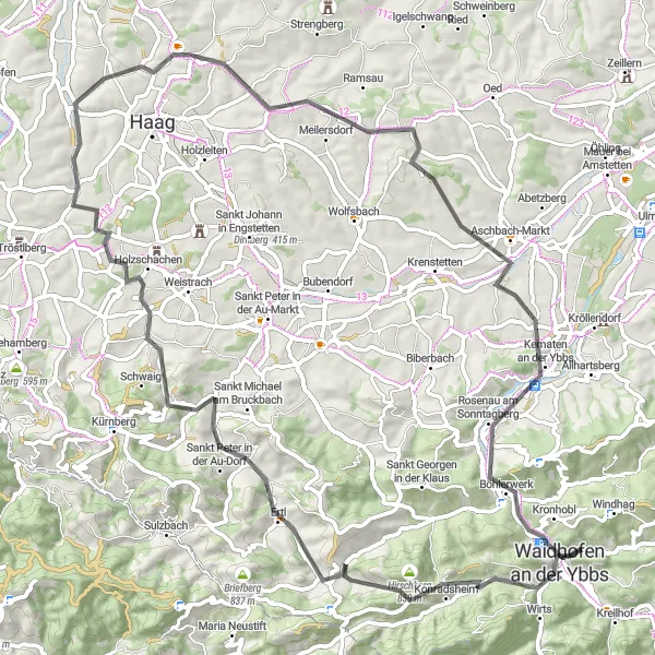 Kartminiatyr av "Waidhofen an der Ybbs til Zell an der Ybbs" sykkelinspirasjon i Niederösterreich, Austria. Generert av Tarmacs.app sykkelrutoplanlegger