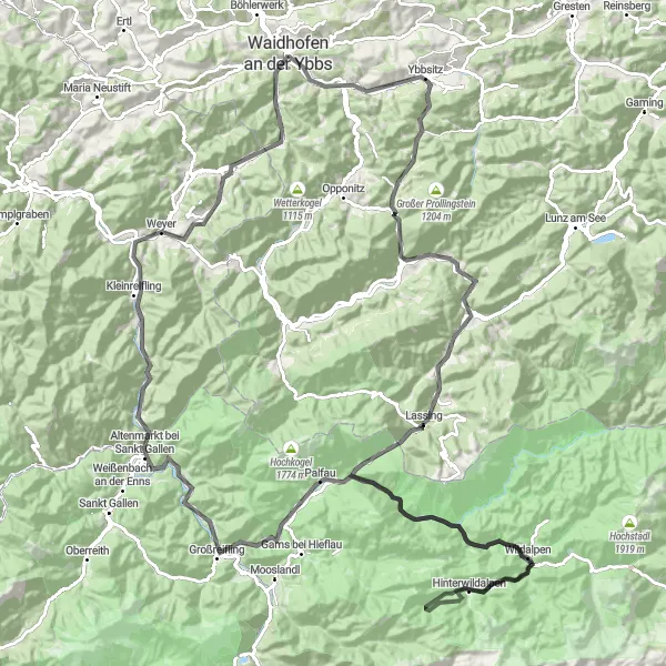 Miniaturní mapa "Výlet kolem Waidhofenu an der Ybbs" inspirace pro cyklisty v oblasti Niederösterreich, Austria. Vytvořeno pomocí plánovače tras Tarmacs.app