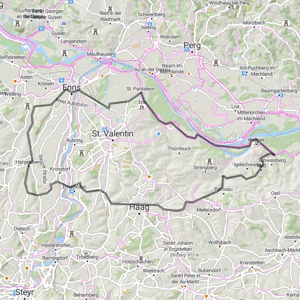 Miniaturní mapa "Okružní cyklistická trasa kolem Wallsee" inspirace pro cyklisty v oblasti Niederösterreich, Austria. Vytvořeno pomocí plánovače tras Tarmacs.app