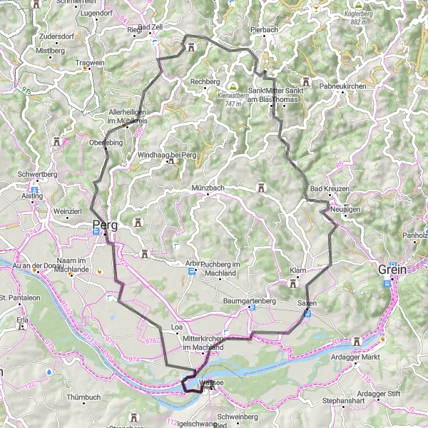 Miniature de la carte de l'inspiration cycliste "La route des châteaux et cités historiques près de Wallsee" dans la Niederösterreich, Austria. Générée par le planificateur d'itinéraire cycliste Tarmacs.app