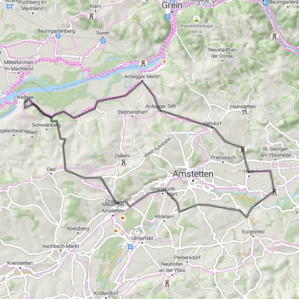 Karttaminiaatyyri "Ardaggerin kierros" pyöräilyinspiraatiosta alueella Niederösterreich, Austria. Luotu Tarmacs.app pyöräilyreittisuunnittelijalla