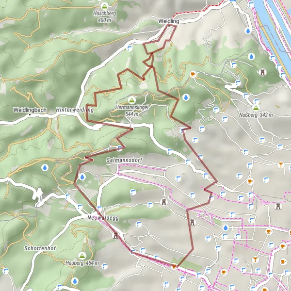 Miniatuurkaart van de fietsinspiratie "Gravelroute Weidling - Hermannskogel" in Niederösterreich, Austria. Gemaakt door de Tarmacs.app fietsrouteplanner