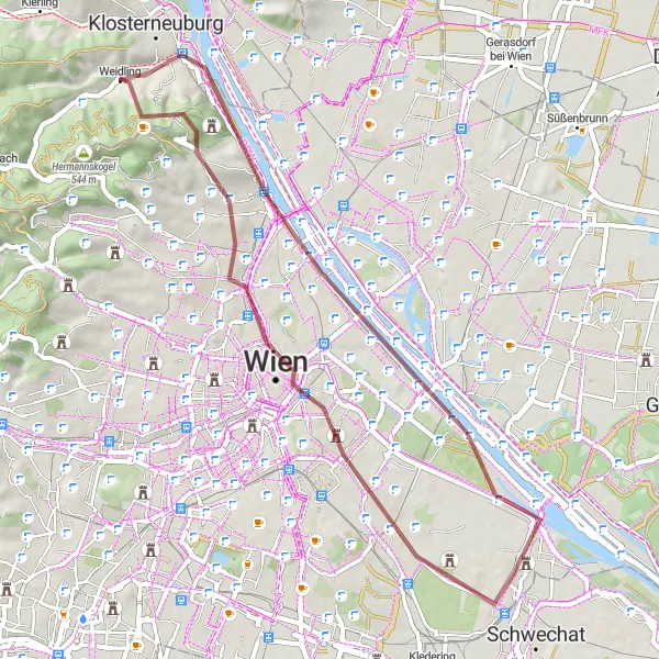 Miniatua del mapa de inspiración ciclista "Ruta de ciclismo de grava por Donau en Brigittenau" en Niederösterreich, Austria. Generado por Tarmacs.app planificador de rutas ciclistas
