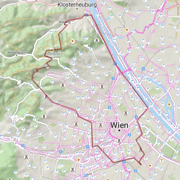 Miniatuurkaart van de fietsinspiratie "Gravelroute Weidling - Hermannskogel" in Niederösterreich, Austria. Gemaakt door de Tarmacs.app fietsrouteplanner