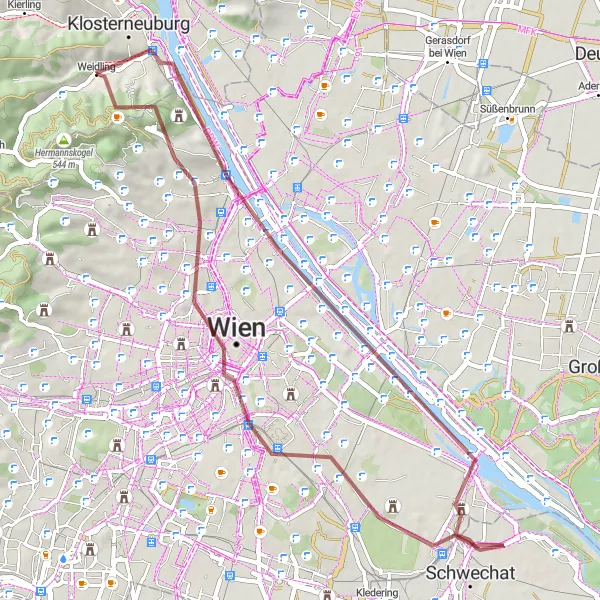 Zemljevid v pomanjšavi "Kolesarska pot okoli Weidlinga - Makadam" kolesarske inspiracije v Niederösterreich, Austria. Generirano z načrtovalcem kolesarskih poti Tarmacs.app