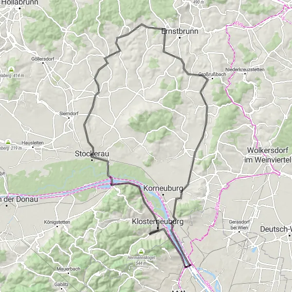 Mapa miniatúra "Exploring Northern Vienna by Road" cyklistická inšpirácia v Niederösterreich, Austria. Vygenerované cyklistickým plánovačom trás Tarmacs.app