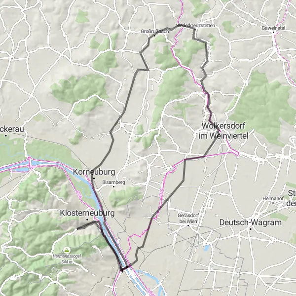 Miniatura della mappa di ispirazione al ciclismo "Tour su Strada tra Colline e Borghi" nella regione di Niederösterreich, Austria. Generata da Tarmacs.app, pianificatore di rotte ciclistiche