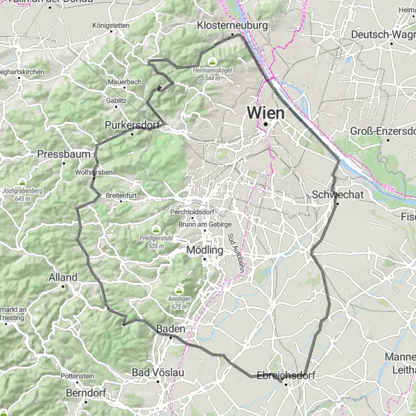 Miniatua del mapa de inspiración ciclista "Viaje en carretera a través de Ebreichsdorf y Exelberg" en Niederösterreich, Austria. Generado por Tarmacs.app planificador de rutas ciclistas